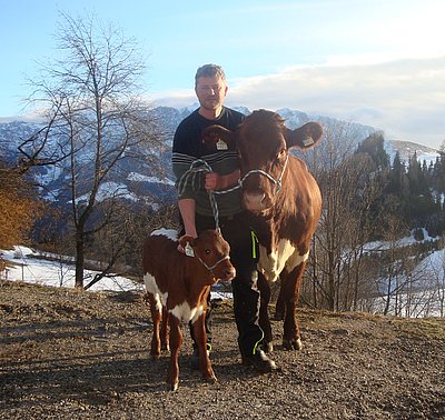 Gerhard Kitzbichler mit seinen Glücksbringern - Jungkuh WERA (V.Rochus) und Tochter WENDY (F.Findus)