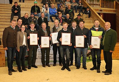 Verdiente Stierzüchter - v.l. Anton Thurner, Rupert Gruber, Martin Innerhofer, Hermann Rainer, Hannes Gensbichler, Gottfried Schönbacher