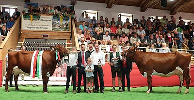 Verdiente Pinzgauer x RF-Siegerinnen - Gesamt- und Eutersiegerin SARA (V.Savard Red) von Wolfgang Porsche, Schüttgut, Zell am See und Gesamtreservesiegerin Klara (V.Jorck Red) von Matthäus Hochfilzer, Ginsberg, Going/T.