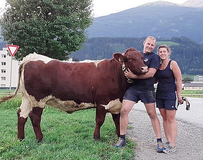 Der ganze Stolz der jungen Eheleute vom Bartlhof in Thaur - Romed und Anna Plank haben große Freude an der Pinzgauerin Goldy!